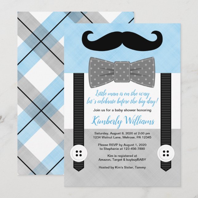 Mustache baby shower invitation blue little man (Front/Back)