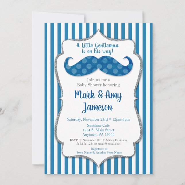 Mustache Baby Shower Invitation Blue Stripes (Front)