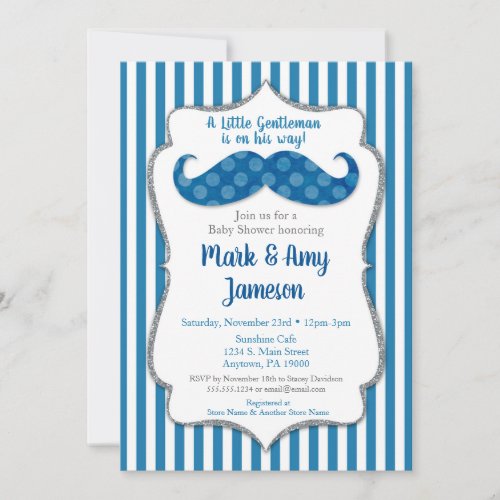 Mustache Baby Shower Invitation Blue Stripes