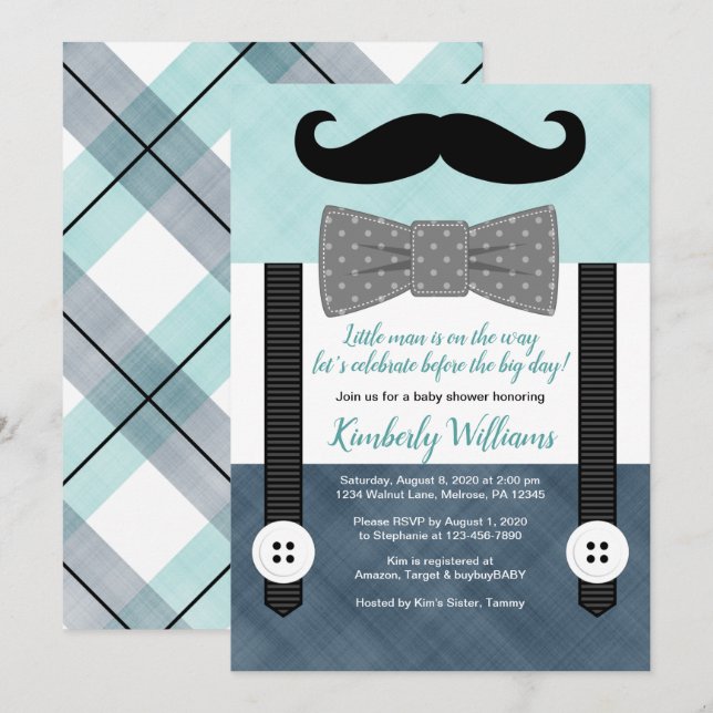 mustache baby shower invitation boy mint navy gray (Front/Back)