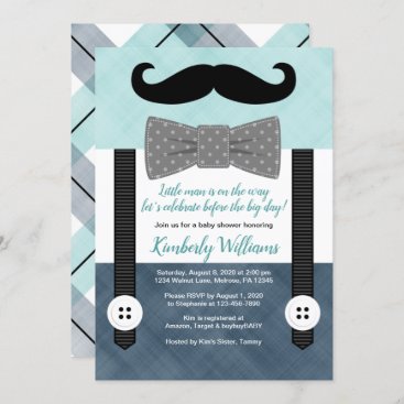 mustache baby shower invitation boy mint navy gray