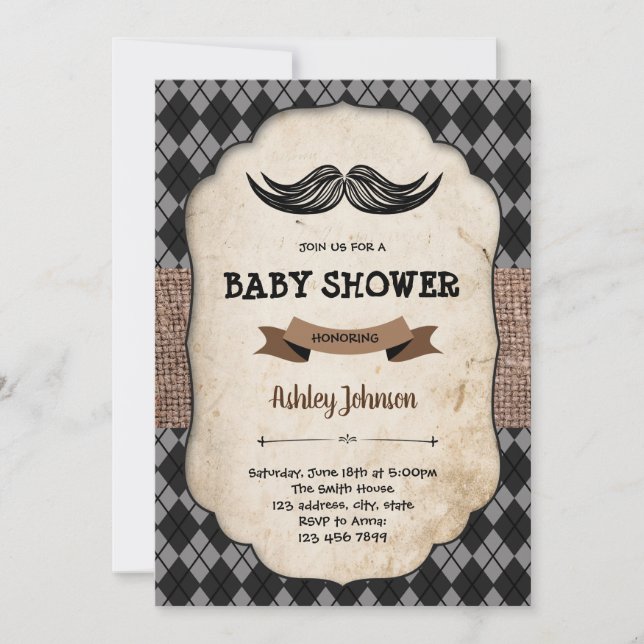 Mustache baby shower invitation card (Front)