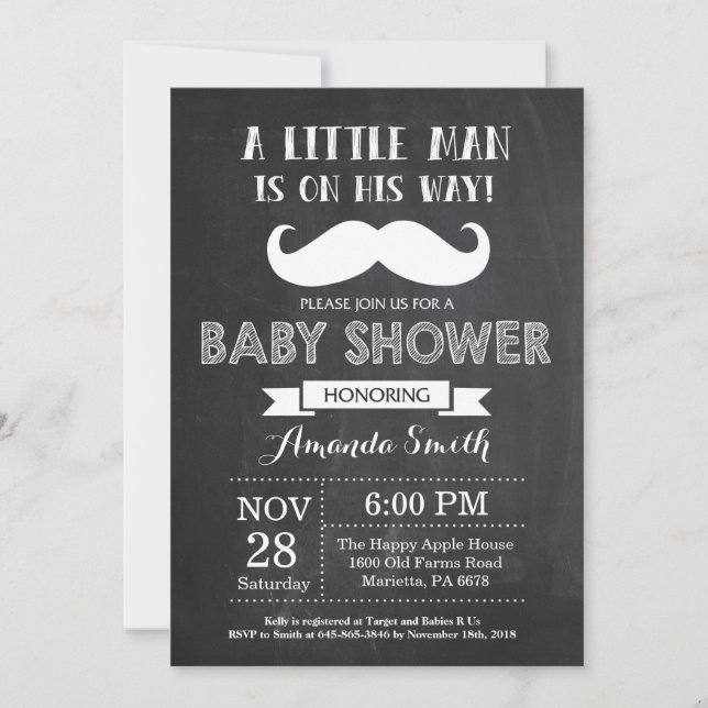 Mustache Baby Shower Invitation Chalkboard (Front)