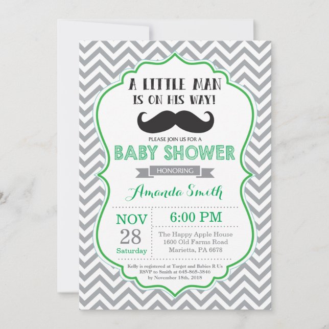 Mustache Baby Shower Invitation Green and Gray (Front)