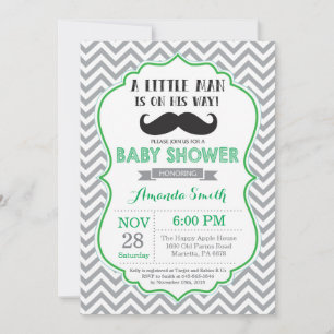 Mustache Baby Shower Invitation Green and Gray