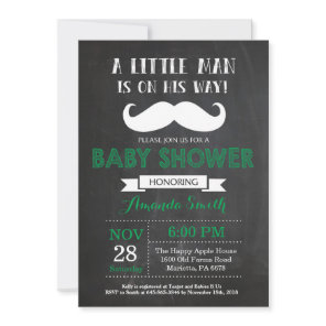 Mustache Baby Shower Invitation Green and Gray