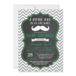 Mustache Baby Shower Invitation Green and Gray