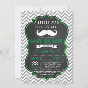 Mustache Baby Shower Invitation Green and Gray