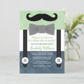 mustache baby shower invitation green navy bow tie (Standing Front)