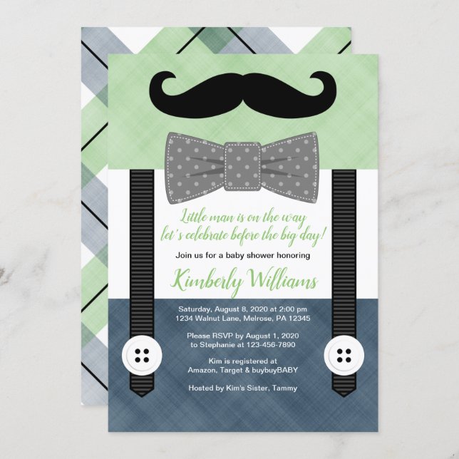 mustache baby shower invitation green navy bow tie (Front/Back)