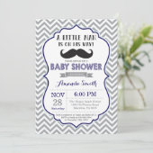 Mustache Baby Shower Invitation Navy Blue and Gray (Standing Front)