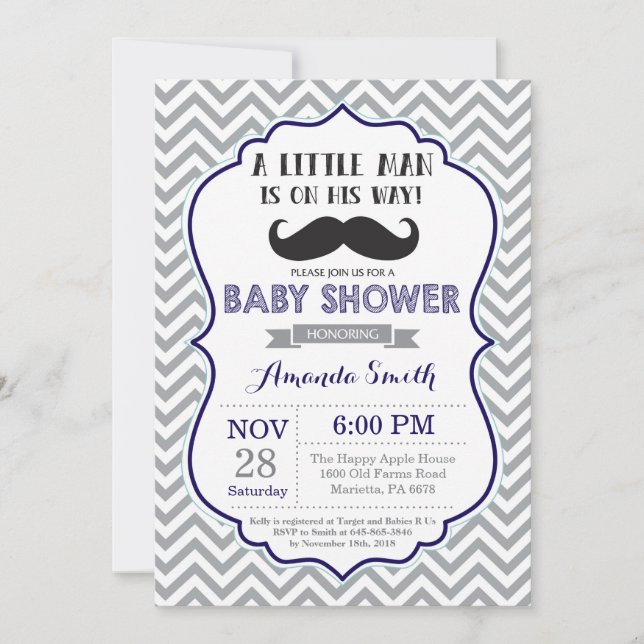Mustache Baby Shower Invitation Navy Blue and Gray (Front)