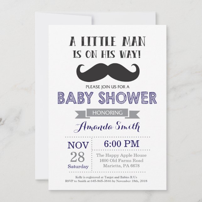 Mustache Baby Shower Invitation Navy Blue and Gray (Front)