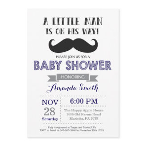 Mustache Baby Shower Invitation Navy Blue and Gray