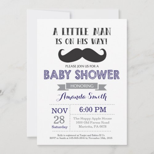 Mustache Baby Shower Invitation Navy Blue and Gray