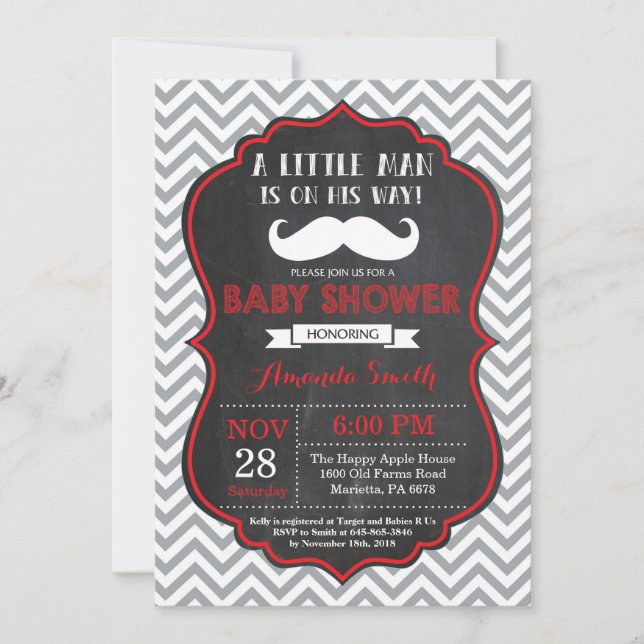 Mustache Baby Shower Invitation Red and Gray (Front)