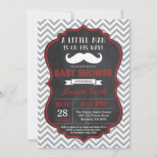 Mustache Baby Shower Invitation Red and Gray