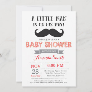 Mustache Baby Shower Invitation Red and Gray