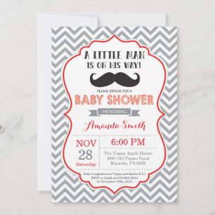 Mustache Baby Shower Invitation Red and Gray