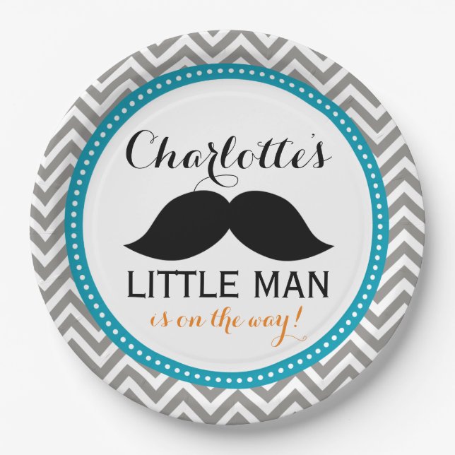 Mustache Baby Shower Paper Plates, Little Man Blue Plates (Front)
