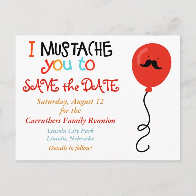 Mustache Balloon Family Reunion Save the Date Announcement Postcard (Front)