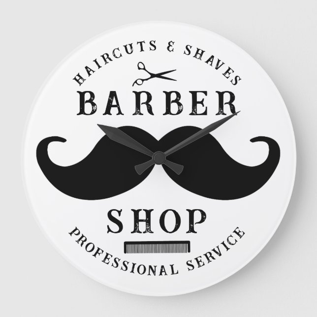 Mustache Barber Shop Modern Hairstylist Barbershop Large Clock (Front)