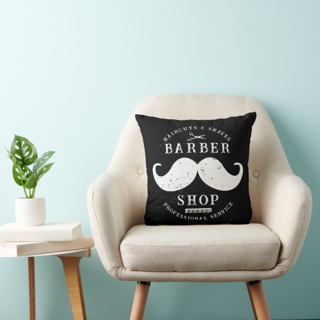Mustache Barber Shop Modern Hairstylist Barbershop Throw Pillow (Chair)