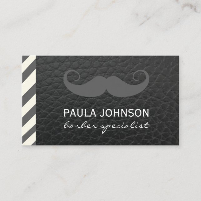 Mustache Barber Shop Pole Black Leather Business Card (Front)