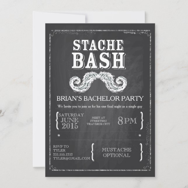 Mustache Bash Bachelor Party Chalkboard Hipster Invitation (Front)