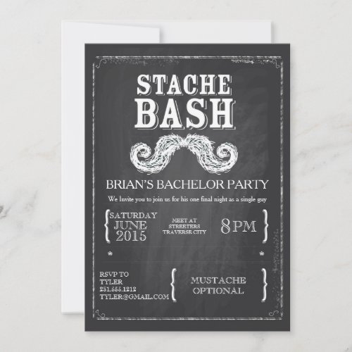 Mustache Bash Bachelor Party Chalkboard Hipster Invitation