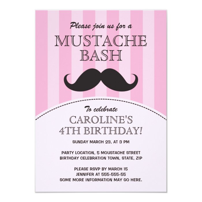 Mustache bash birthday party invitation, pink card Zazzle