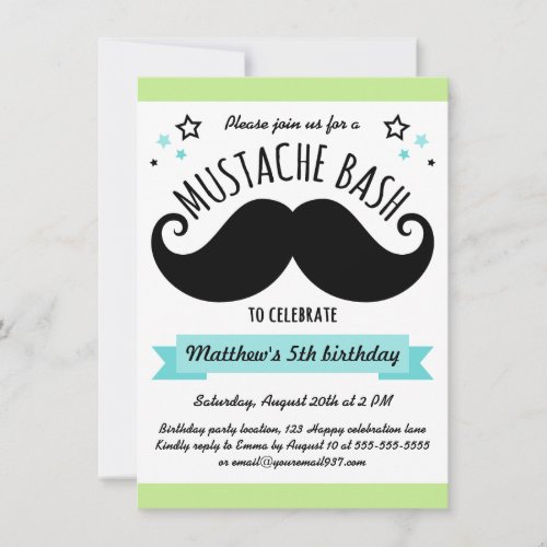 Mustache bash birthday party lime green aqua blue invitation