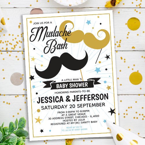 Mustache Bash Boy Baby Faux Glitter Shower Invitation