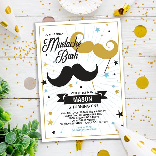 Mustache Bash Boy Birthday Party Faux Glitter Invitation