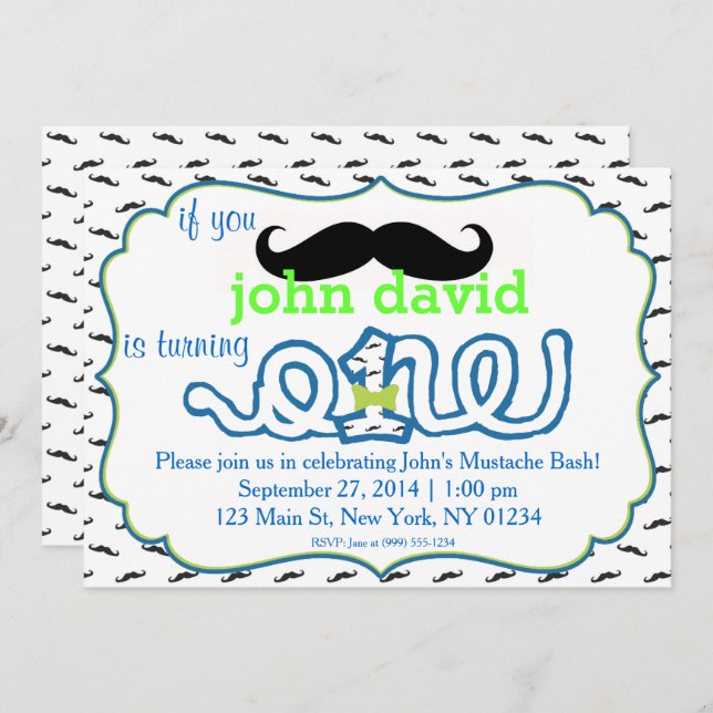 Mustache Bash First Birthday Invitation (Front/Back)
