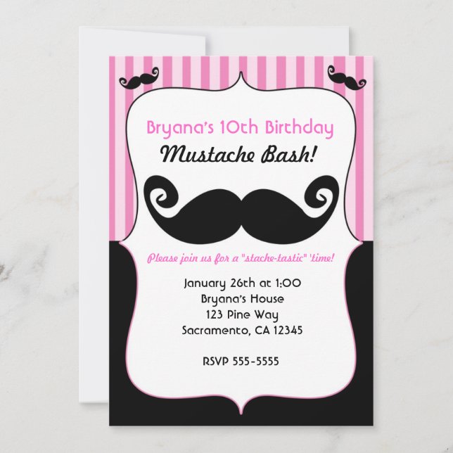 Mustache Bash Girls Pink White Black Invitations (Front)