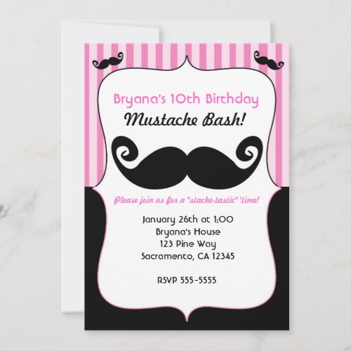 Mustache Bash Girls Pink White Black Invitations