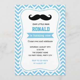 Mustache Birthday Invitations (Blue Chevron)