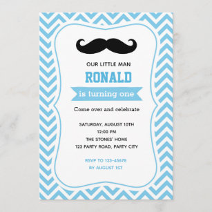 Mustache Birthday Invitations (Blue Chevron)