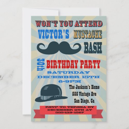 Mustache Birthday Party Invitations