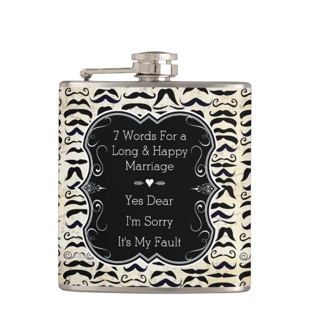 Mustache Black and Tan Hipster Pattern Hip Flask (Front)