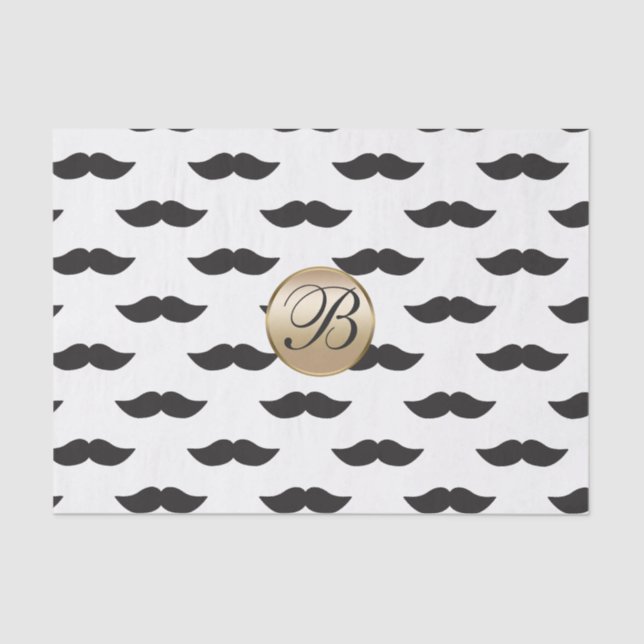 Mustache Black White Gold Monogram Party Tissue Paper (Front)