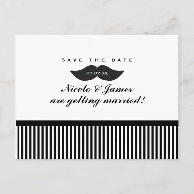 Mustache Black & White Save The Date Postcard (Front)