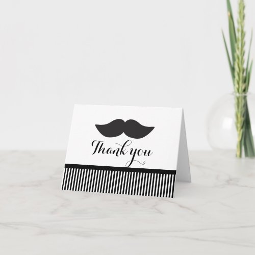 Mustache Black  White Striped Thank You Fold Card