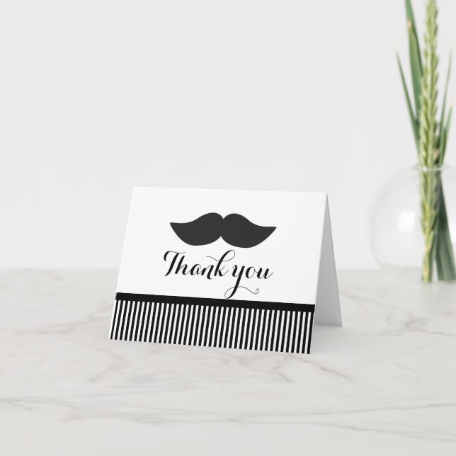 Mustache Black & White Striped Thank You Fold Card (Front)