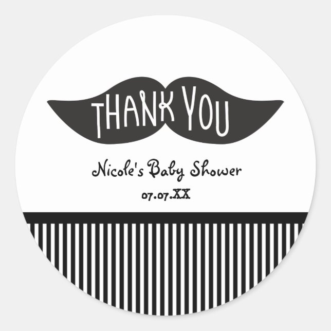Mustache Black & White Thank You Party Stickers (Front)