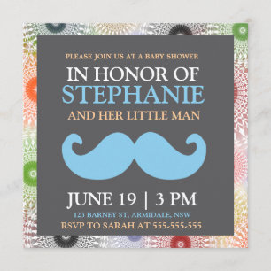 Mustache blue baby boy shower invites