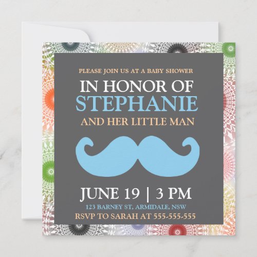 Mustache blue baby boy shower invites