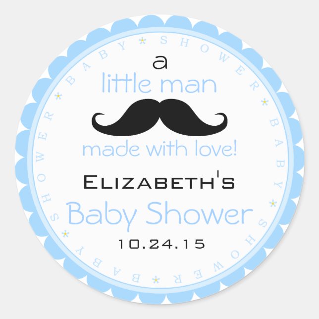 Mustache Blue Baby Shower Classic Round Sticker (Front)