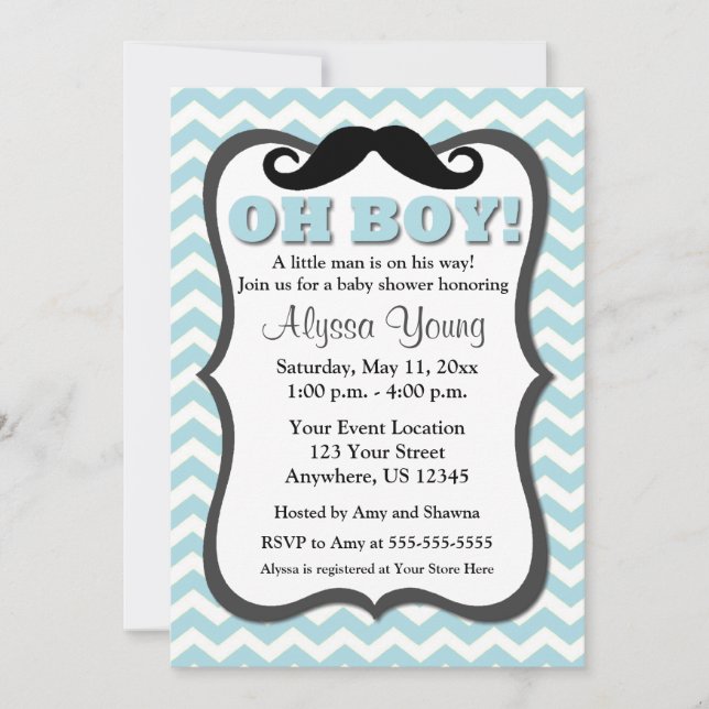 Mustache Blue Chevron Baby Shower Invite (Front)